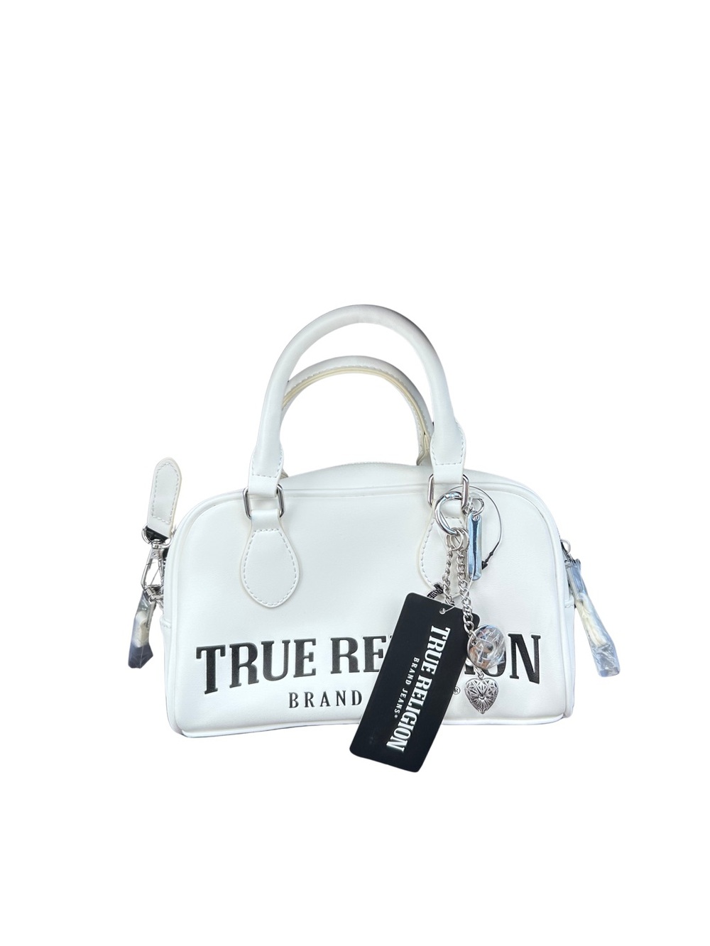 True Religion White Logo Bowling Satchel with Charm